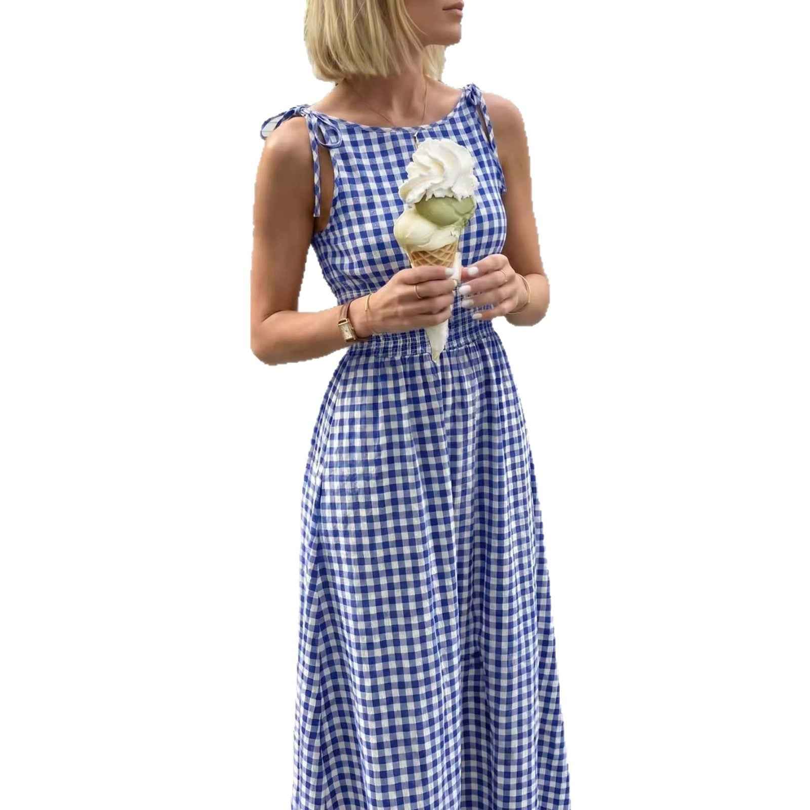 Plaid Long Skirt Bow-tie Shoulder Straps And Ruffled Waistline Dress