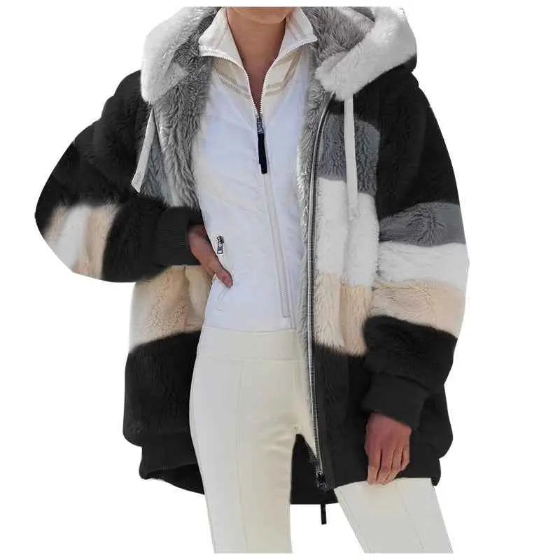 Womens Warm Hooded Loose-fitting Coat With Zippered Pockets