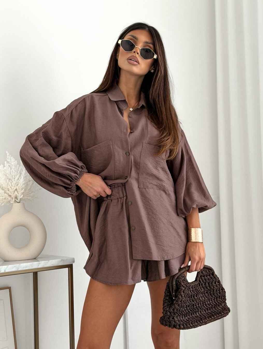 Short-sleeved Top And Elastic-waist Shorts Two-piece Set