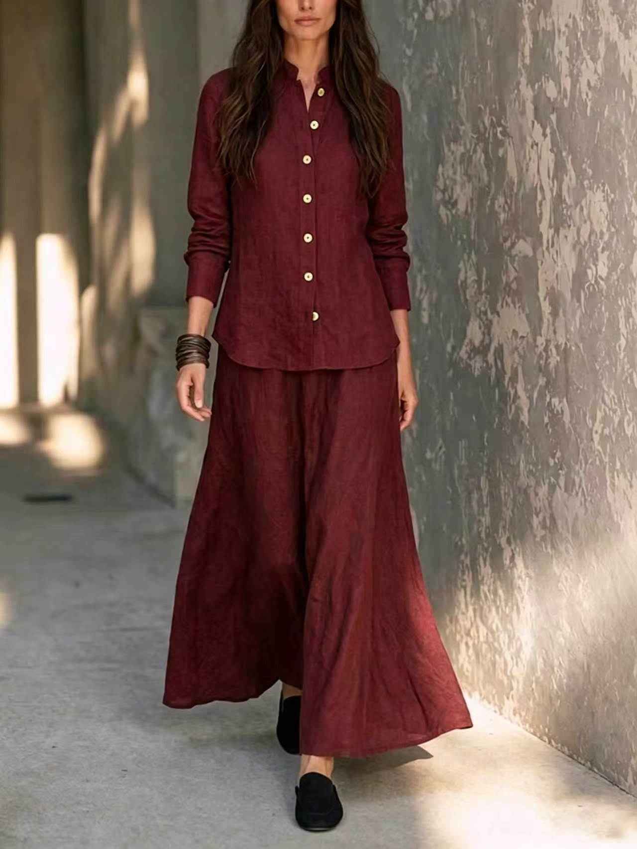 Womens Loose-fit Blouse And Flared Skirt Two-piece Set