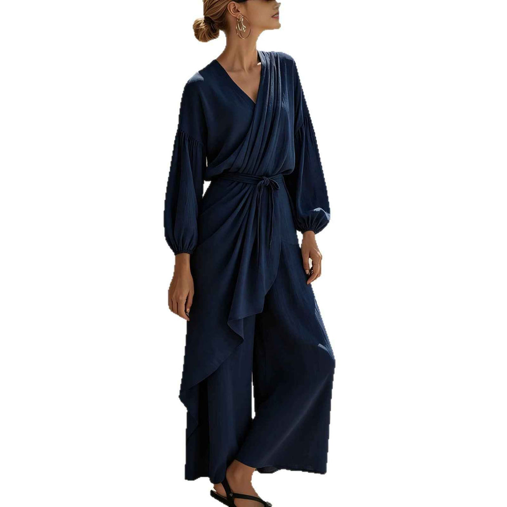 V-neck Pleated Lace-up Cross Waist Lantern Sleeve Jumpsuit