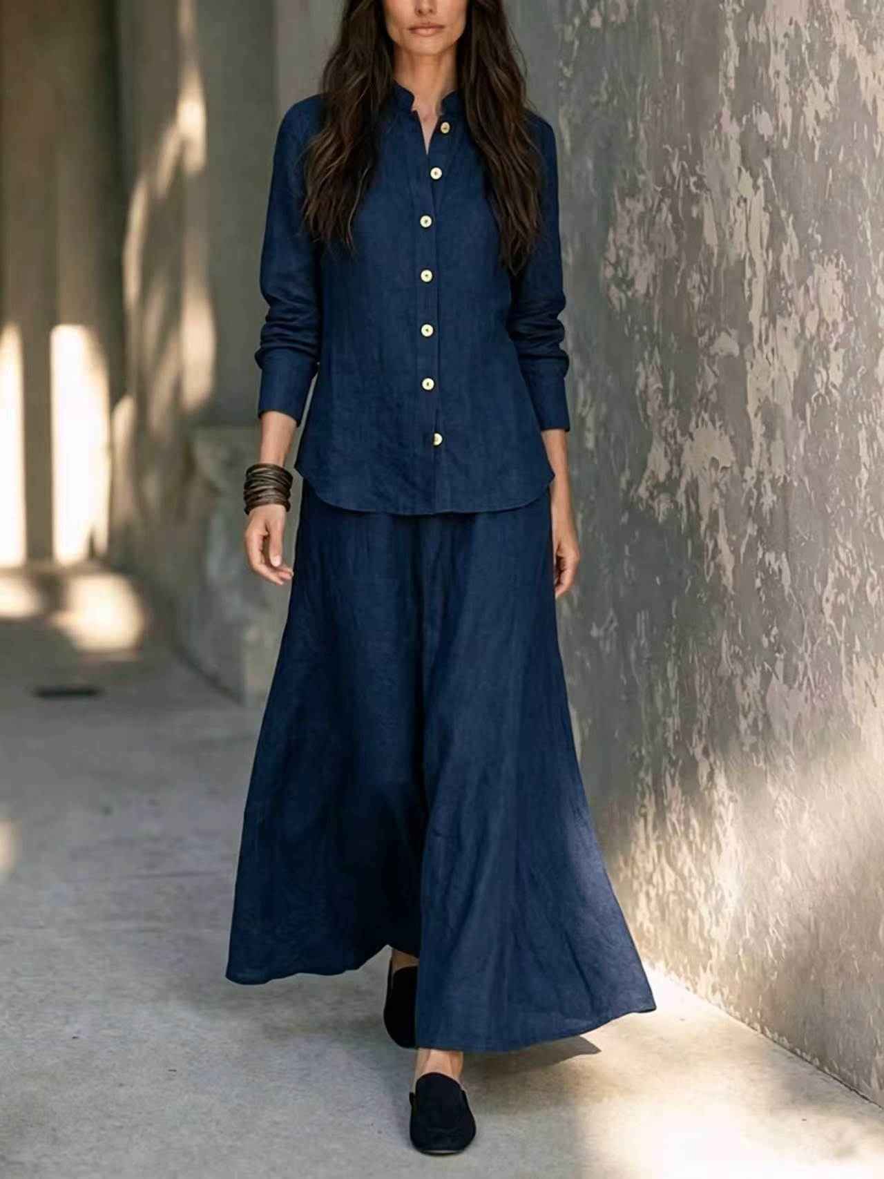 Womens Loose-fit Blouse And Flared Skirt Two-piece Set