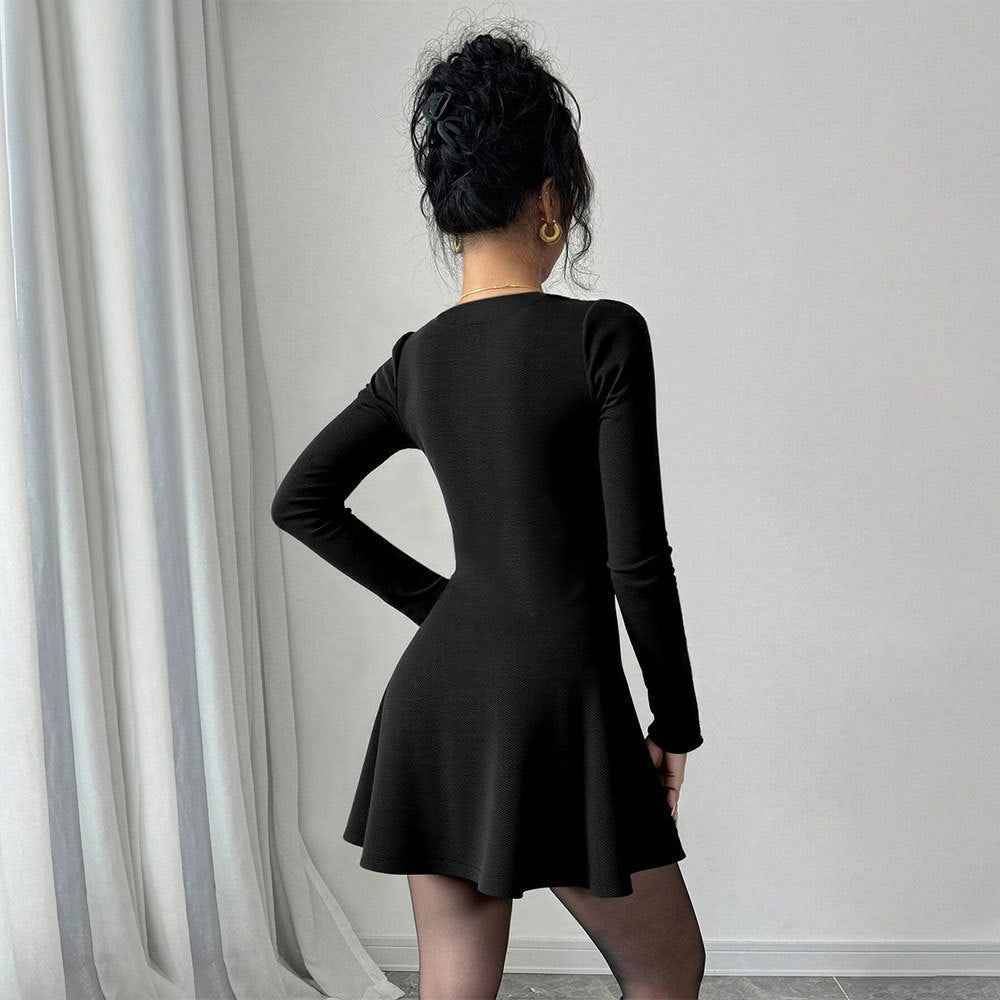 Pure And Alluring Black V-neck Long-sleeve Knit Dress