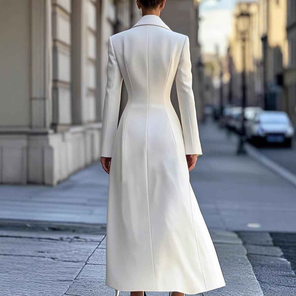 Elegant Commuter-style White Long Coat With A Nipped-in Waisttrendy Beltless And Exuding British Flair