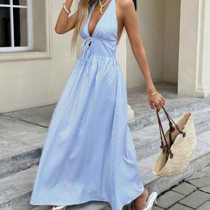 Seaside Vacation Strapless Striped Backless Dress