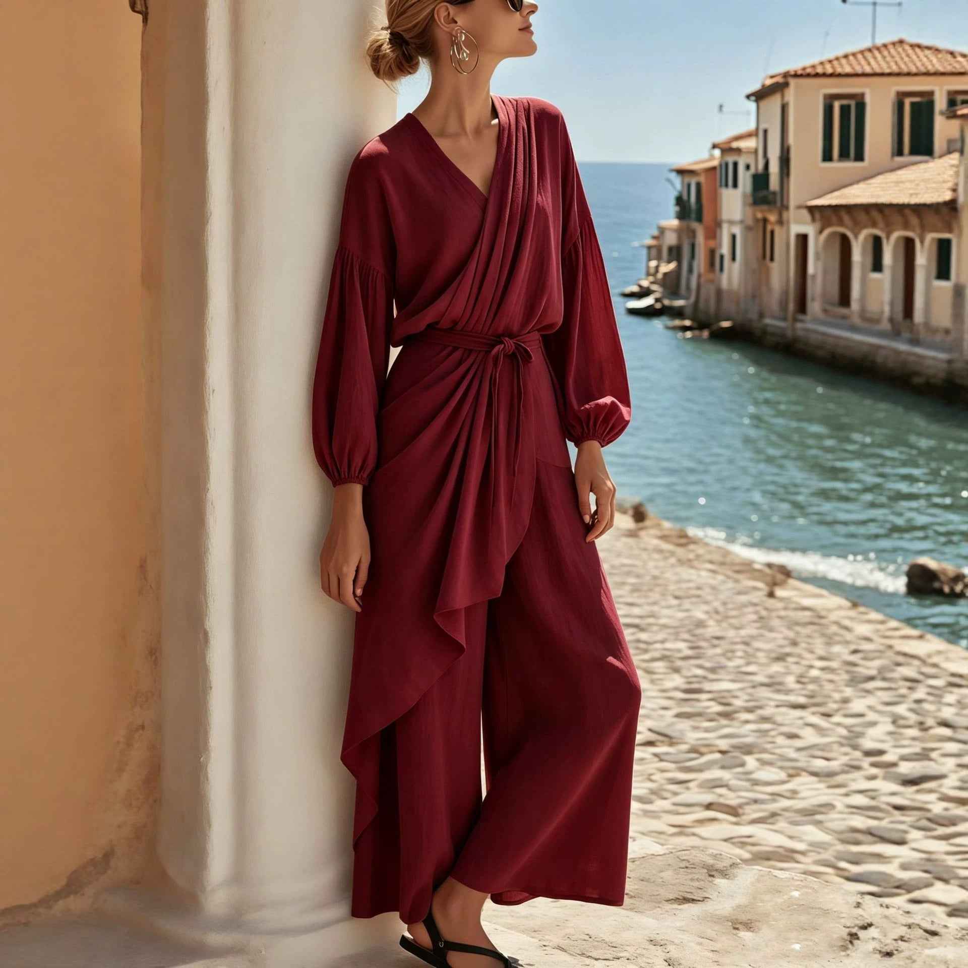 V-neck Pleated Lace-up Cross Waist Lantern Sleeve Jumpsuit