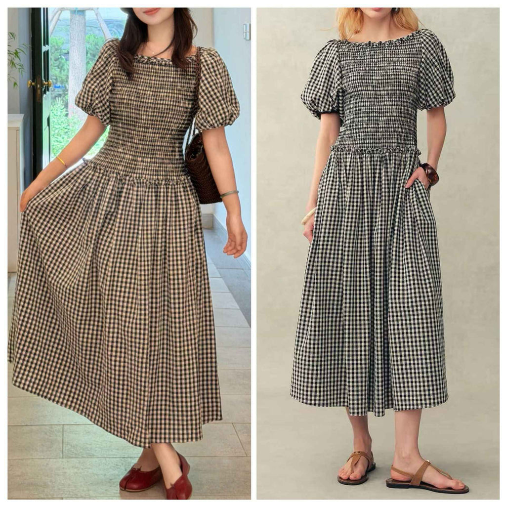 French-style Black-and-White Plaid Pleated Short-Sleeve Puff-Sleeve Check Dress