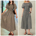 French-style Black-and-White Plaid Pleated Short-Sleeve Puff-Sleeve Check Dress