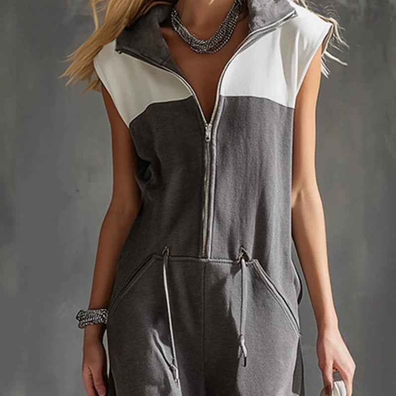 Fashionable Casual Color-block Zip-front Jumpsuit