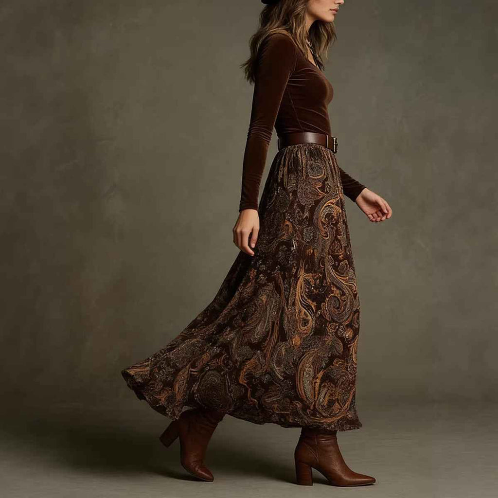 Elegant Flared Vintage-print Long Dress For Women