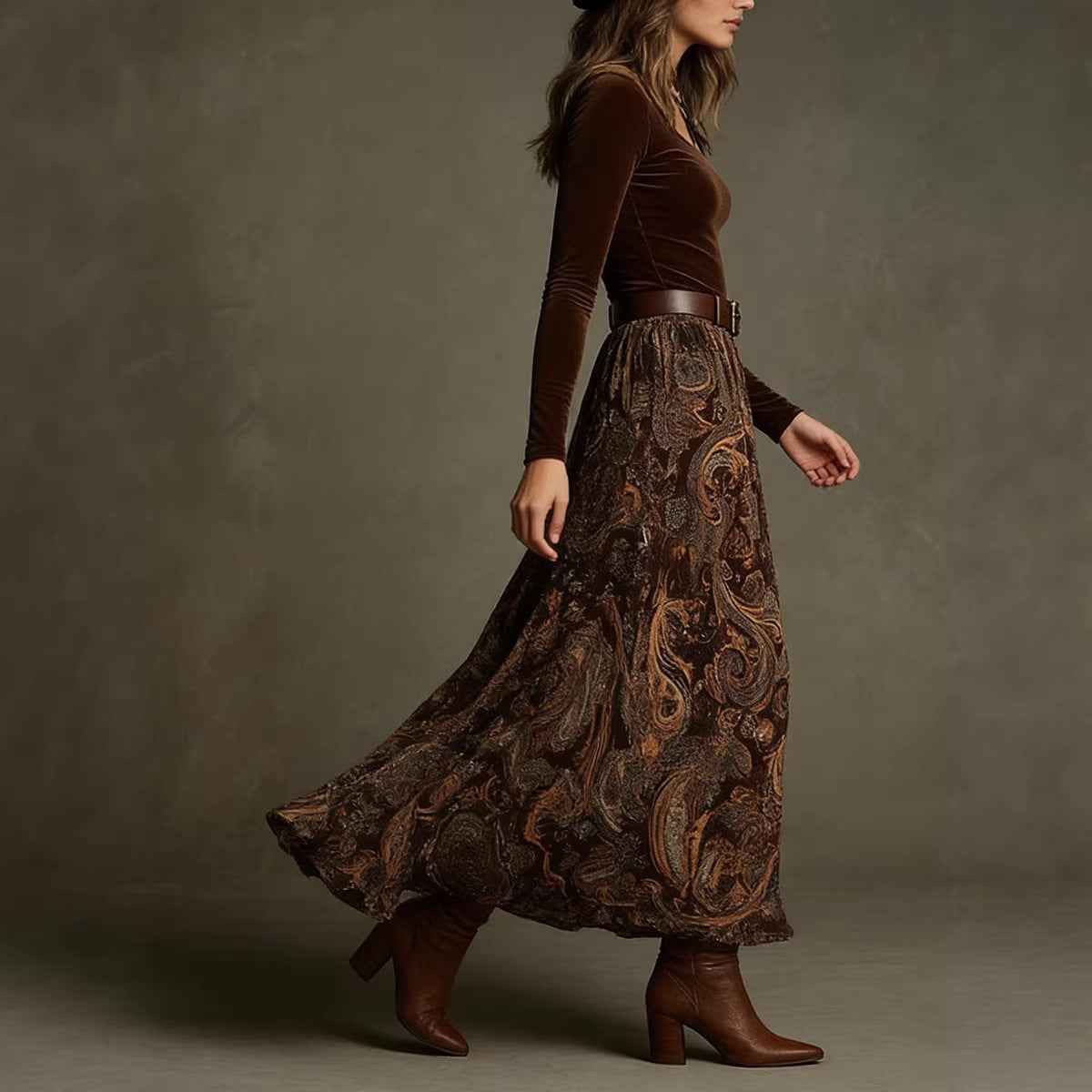 Elegant Flared Vintage-print Long Dress For Women