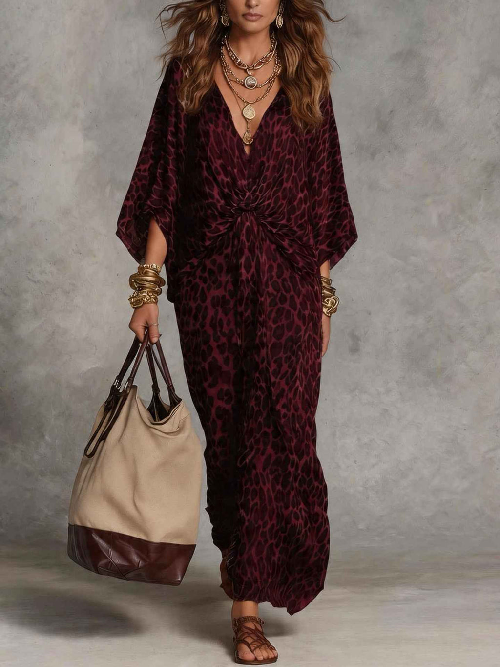 Hot-selling European And American Cross-border Independent Store Leopard Print V-neck Waist Cinch Plus-size Long Dress For Women