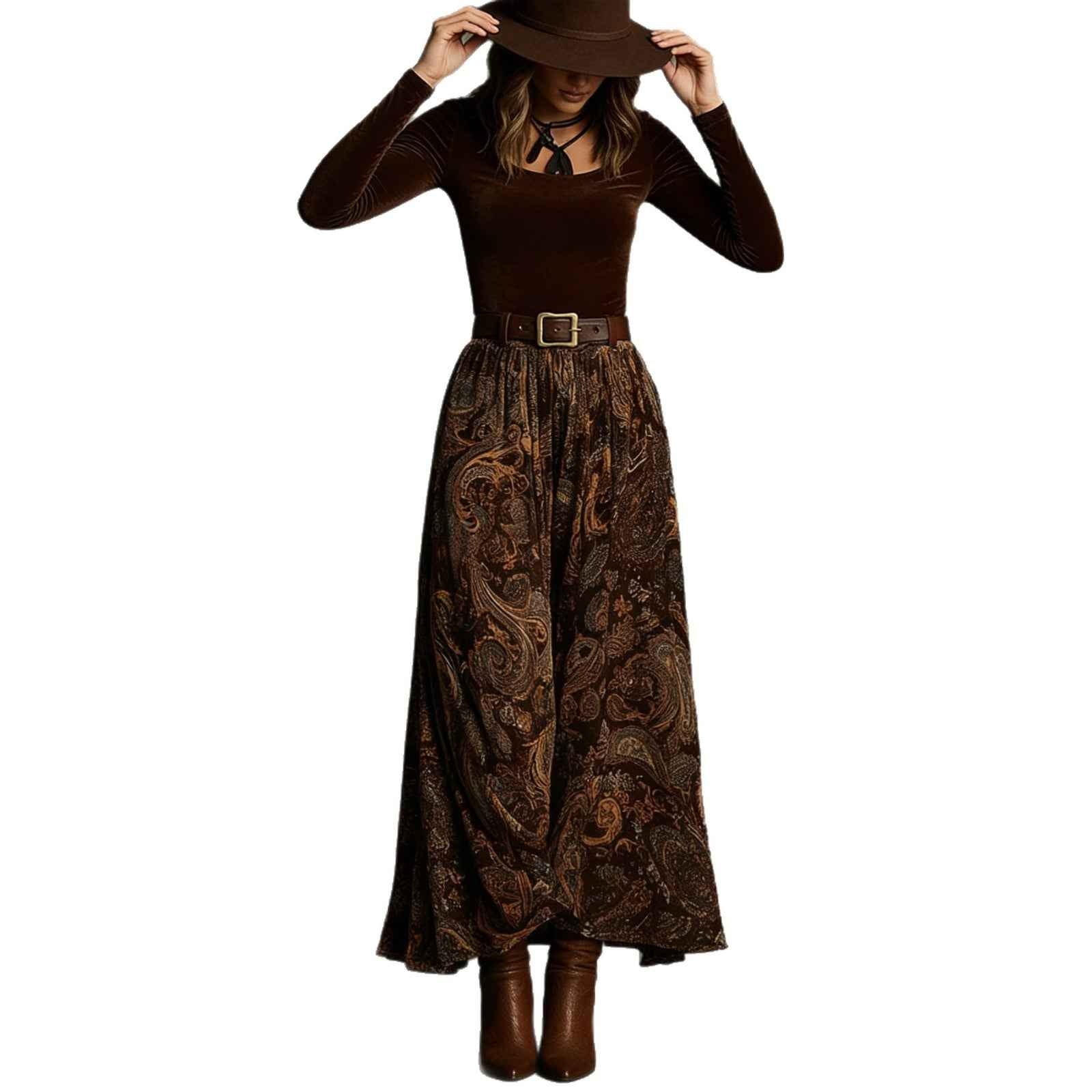 Elegant Flared Vintage-print Long Dress For Women