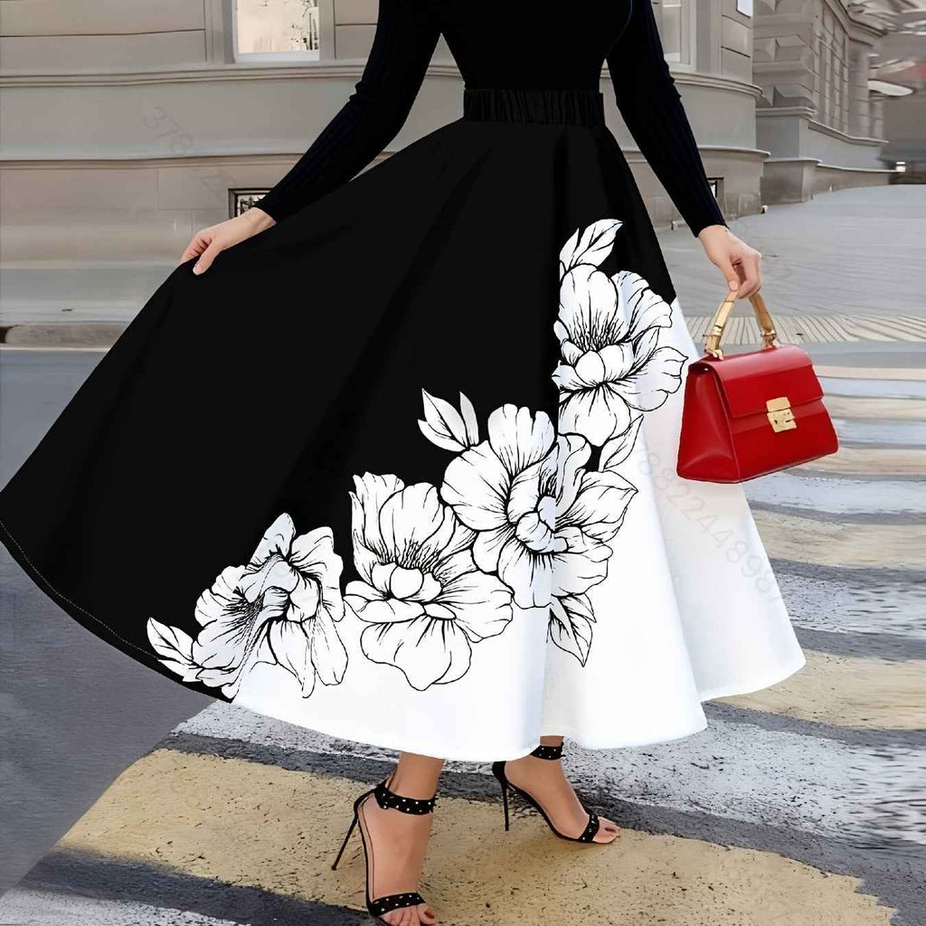 Hepburn-style High-waisted Full-skirted Midi Skirt