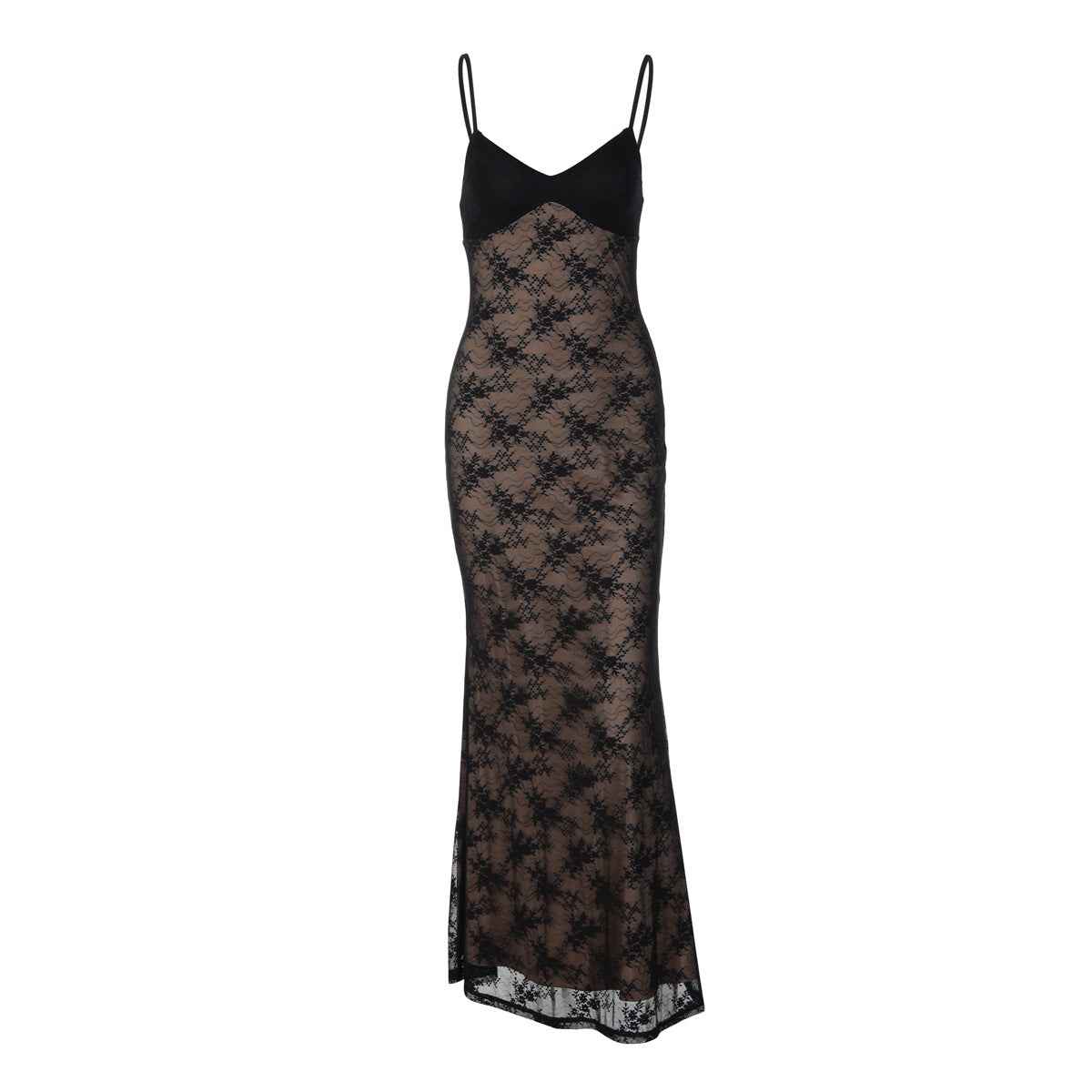 Backless Lace-Panel Sexy Slim-Fit Solid-Color Strap Long Dress