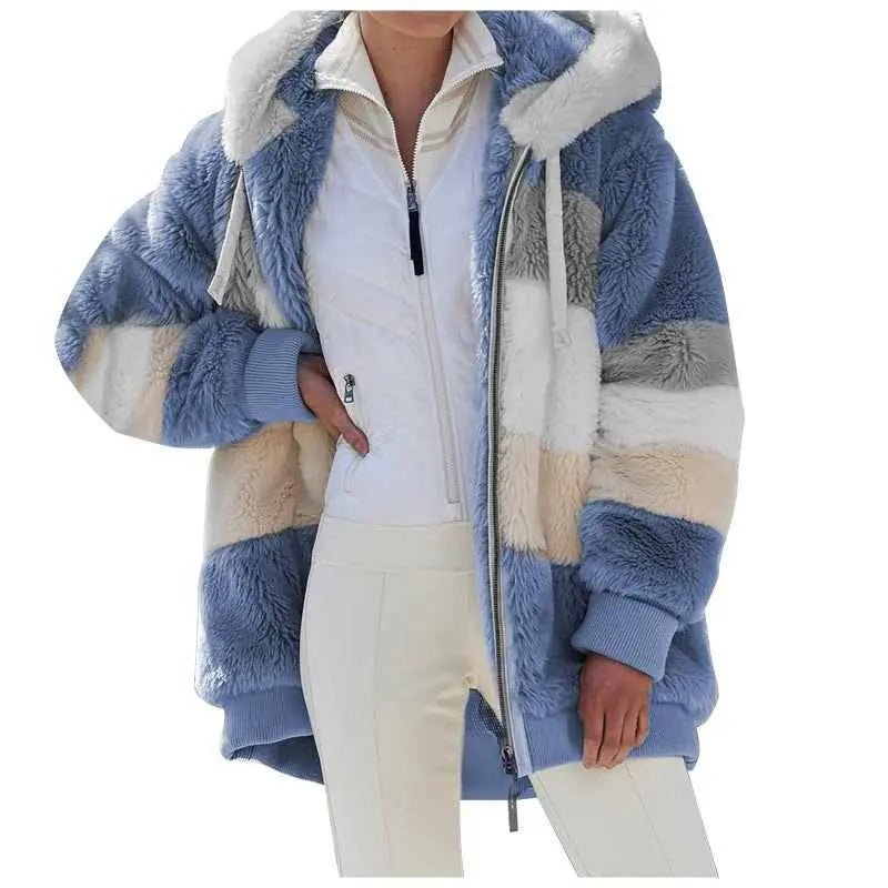 Womens Warm Hooded Loose-fitting Coat With Zippered Pockets