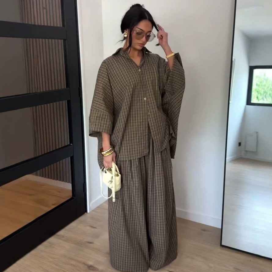 Loose-fitting Long-sleeved Plaid Shirt And Casual Wide-leg Trousers Two-piece Set