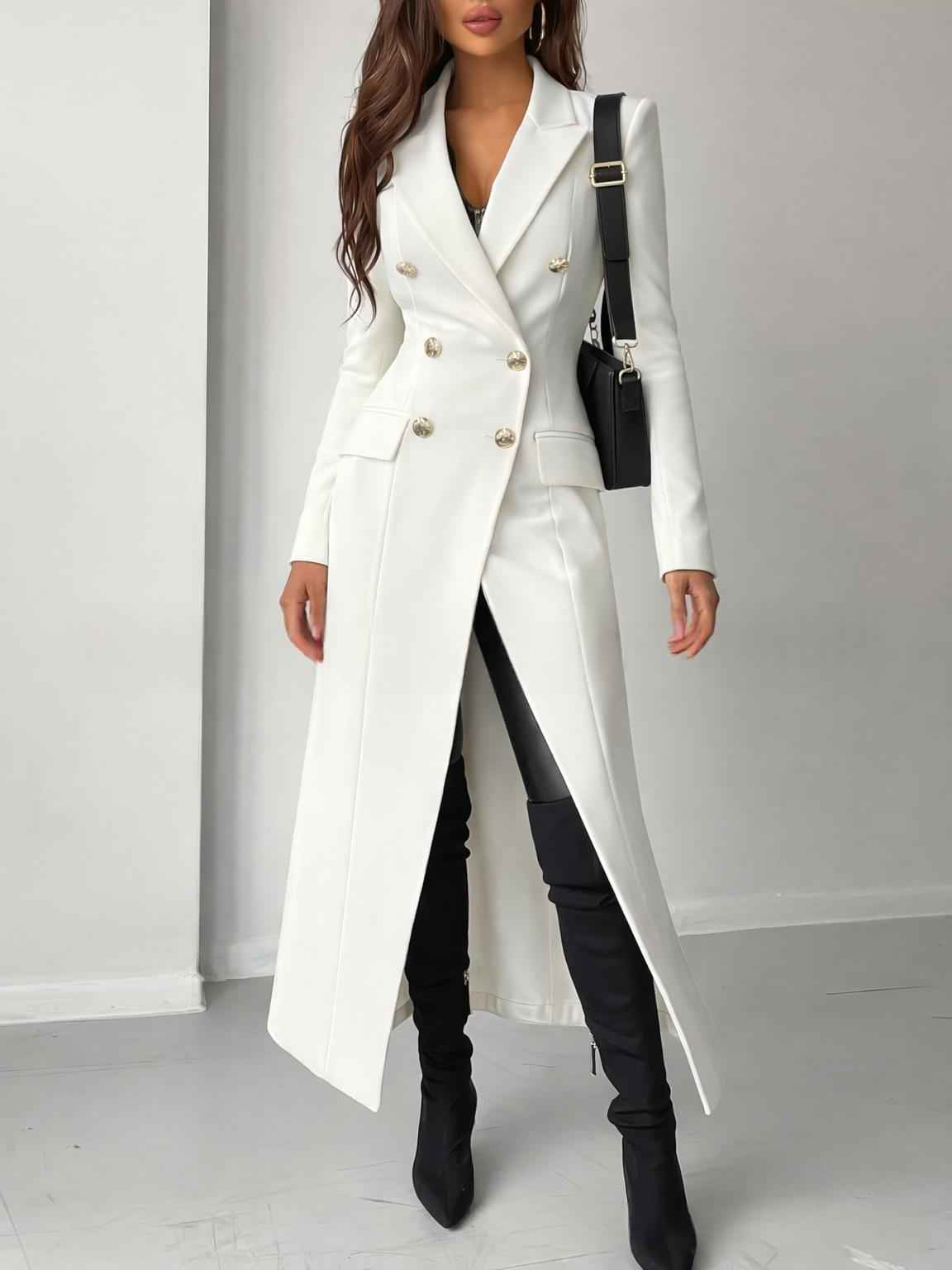 Elegant Commuter-style White Long Coat With A Nipped-in Waisttrendy Beltless And Exuding British Flair