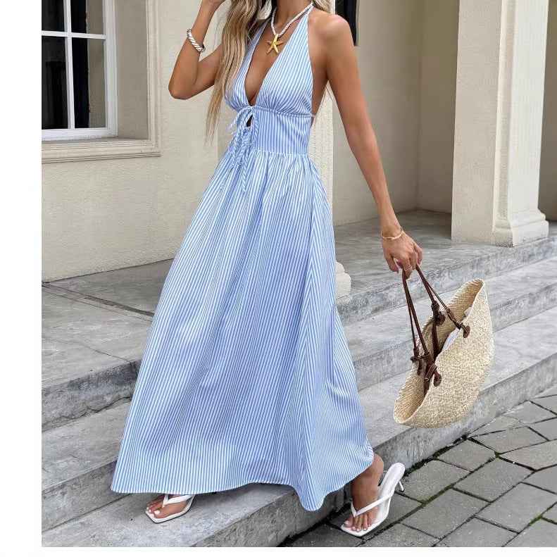 Seaside Vacation Strapless Striped Backless Dress