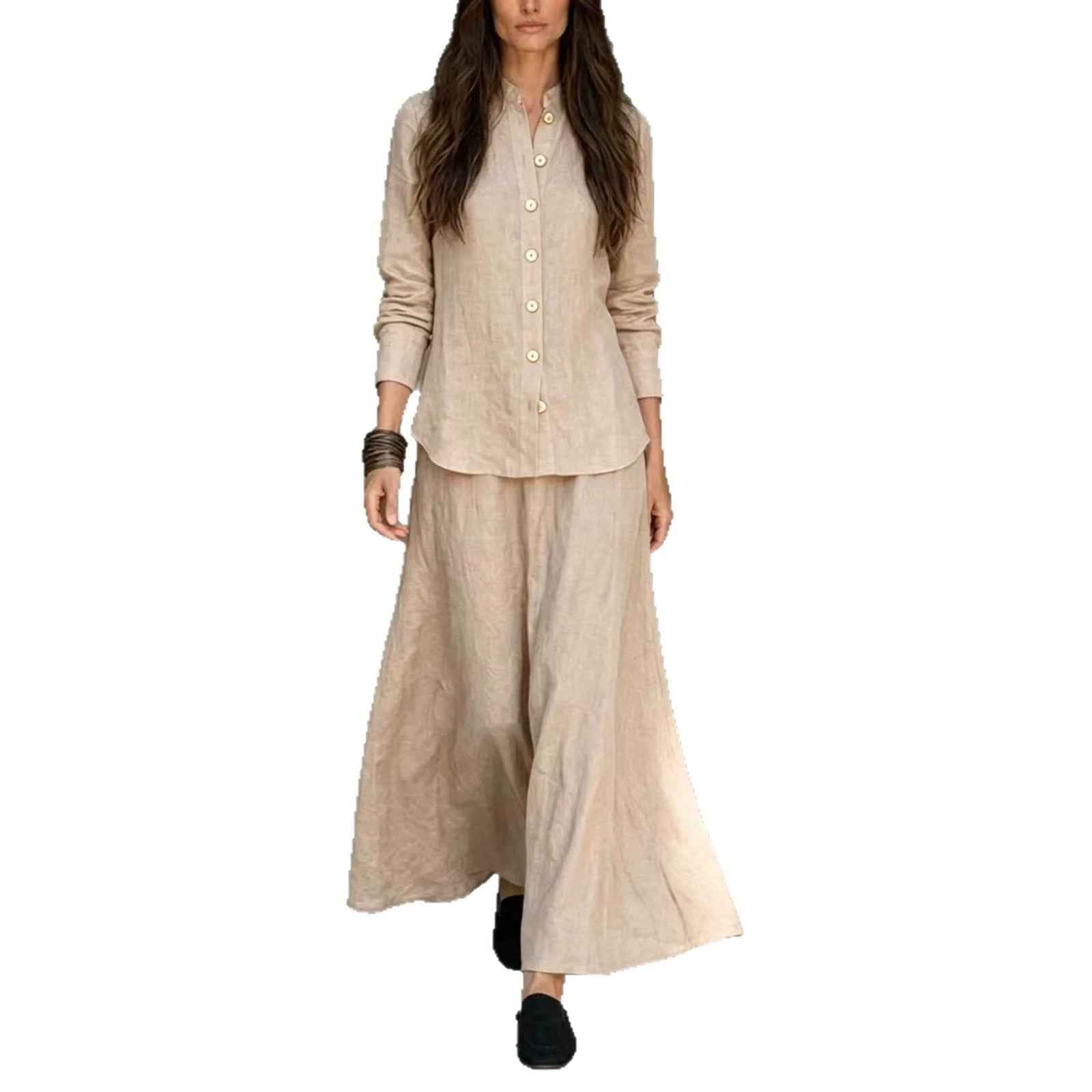 Womens Loose-fit Blouse And Flared Skirt Two-piece Set