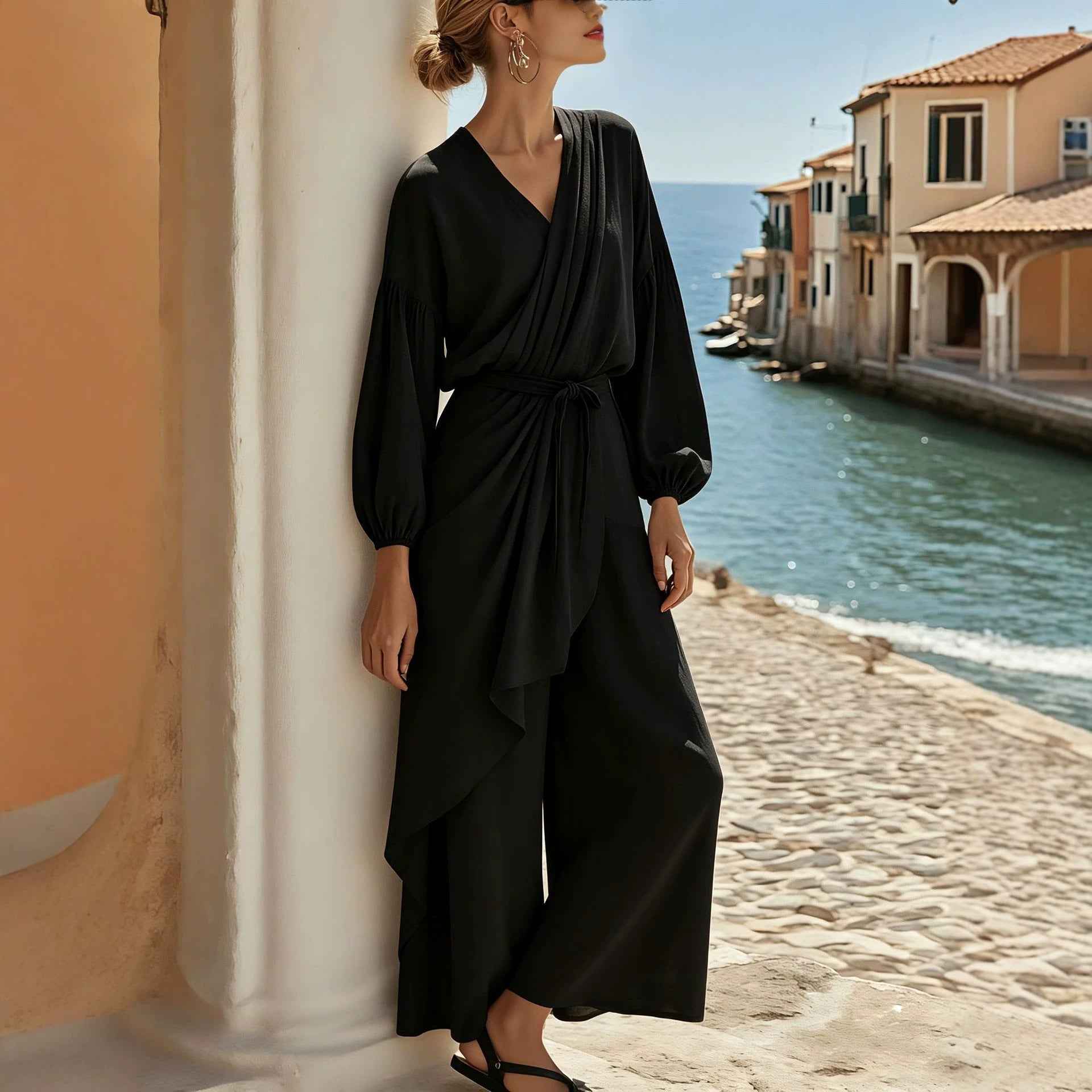 V-neck Pleated Lace-up Cross Waist Lantern Sleeve Jumpsuit