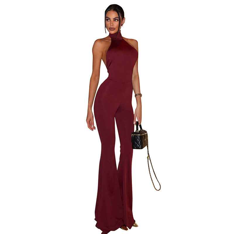 Halter-neck Backless Slightly Flared-leg Jumpsuit For Women