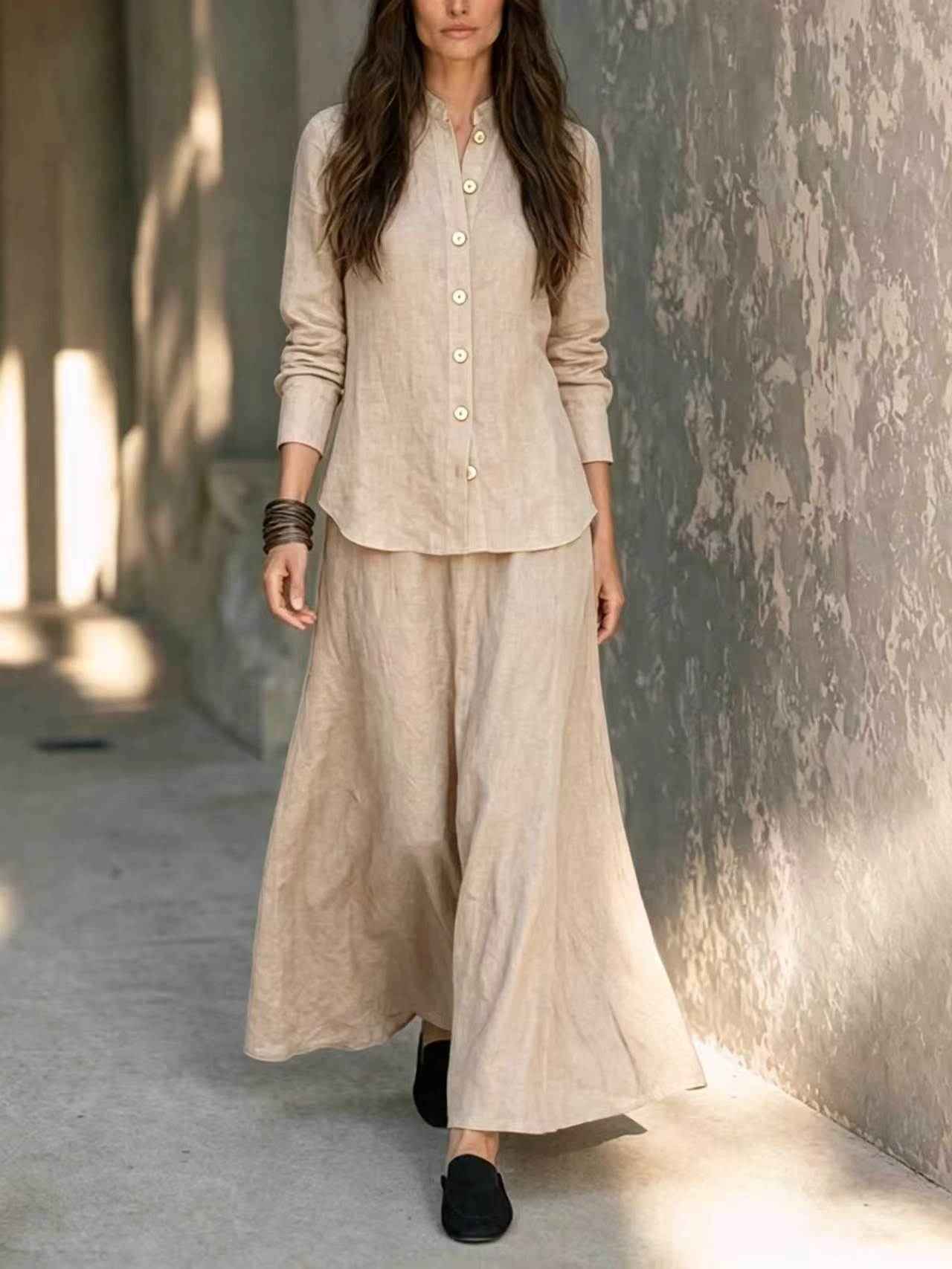 Womens Loose-fit Blouse And Flared Skirt Two-piece Set