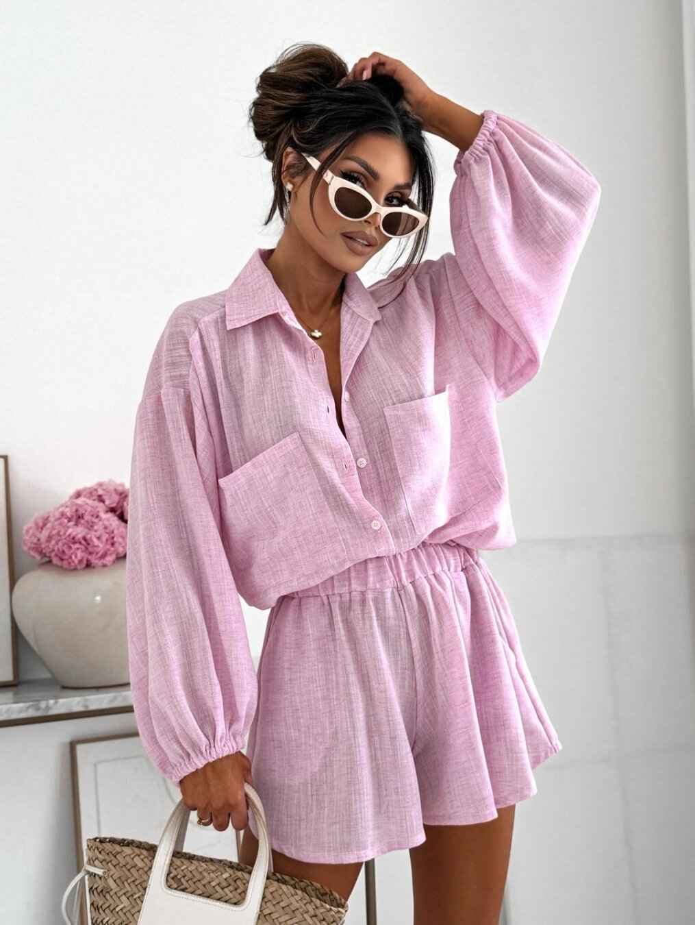Short-sleeved Top And Elastic-waist Shorts Two-piece Set
