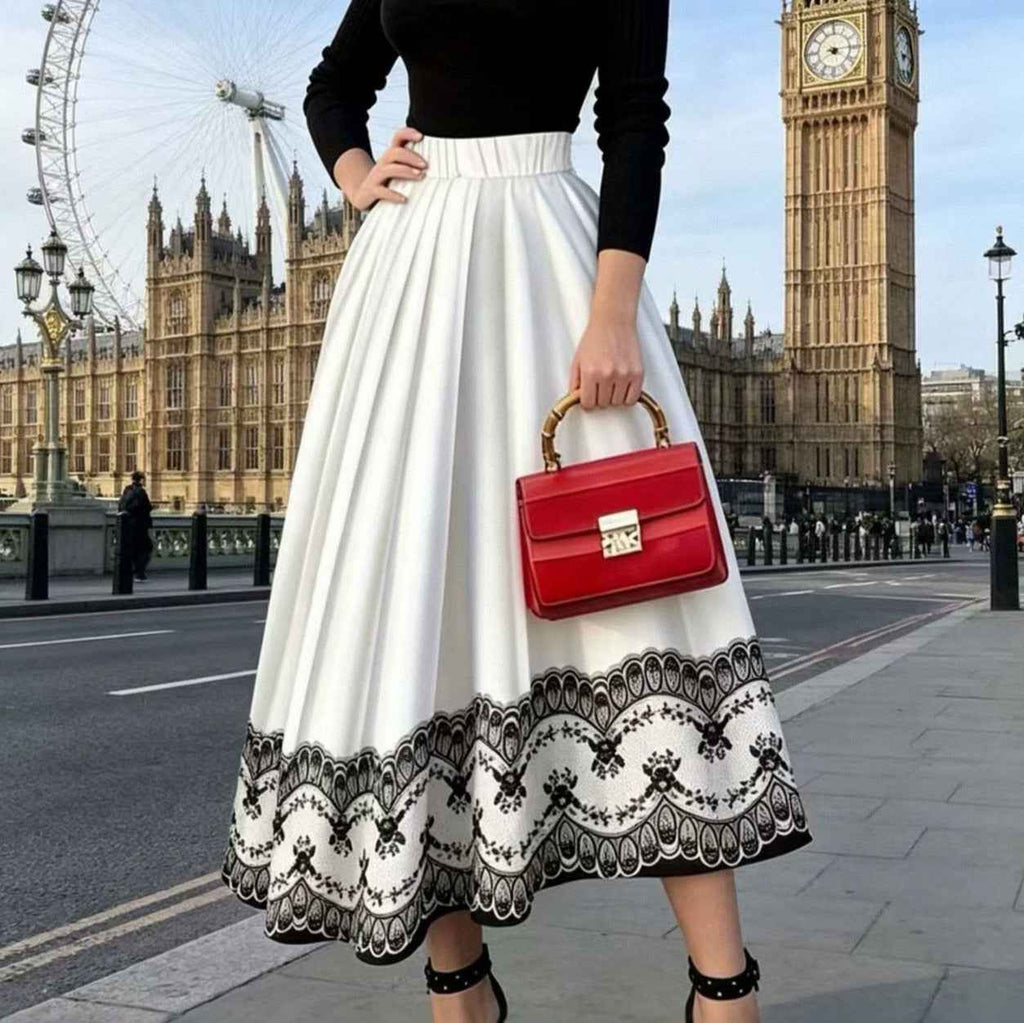 Hepburn-style High-waisted Full-skirted Midi Skirt