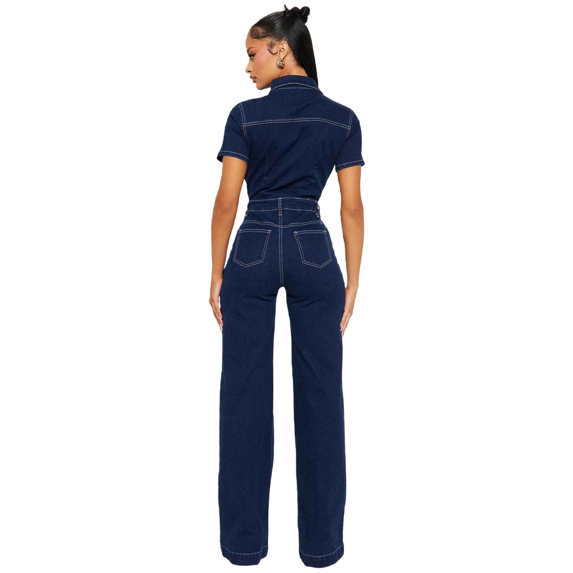 Flared-leg Washed Short-sleeve Denim Jumpsuit