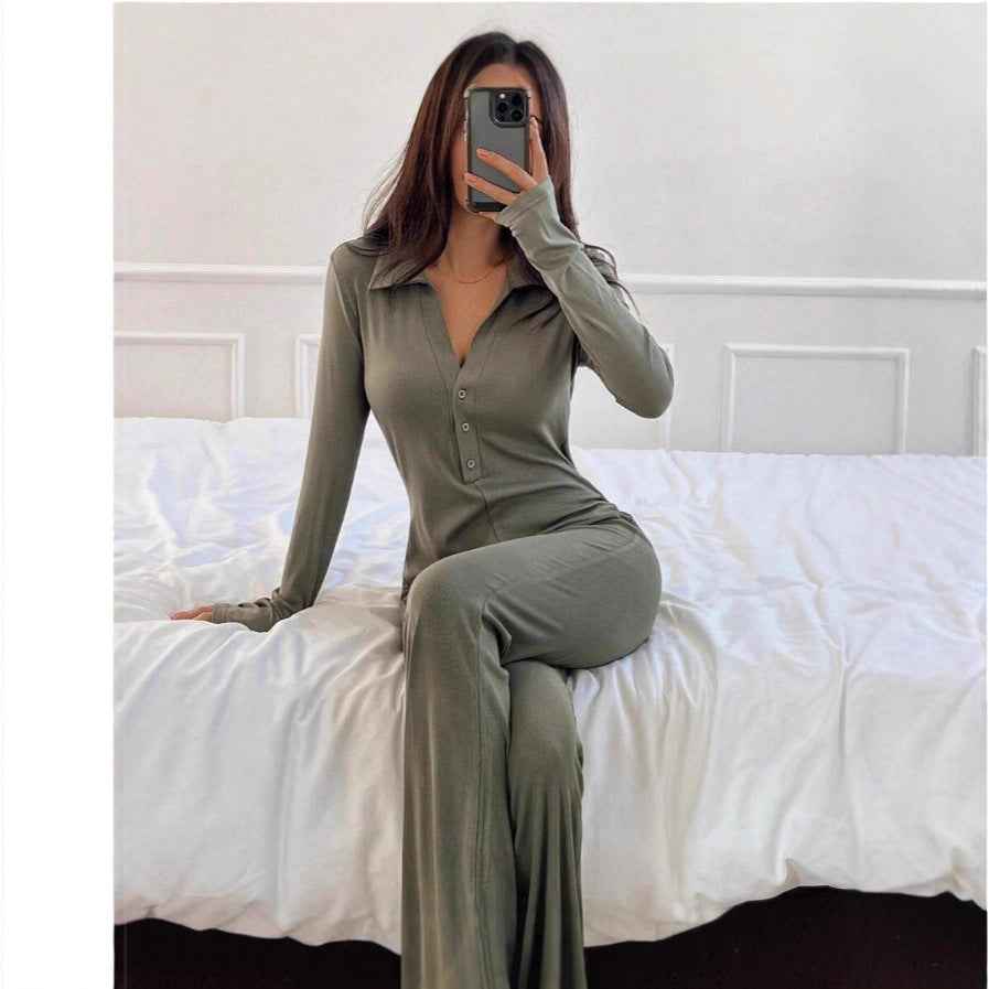 Polo-collar Knitted Long-sleeve Sport Jumpsuit