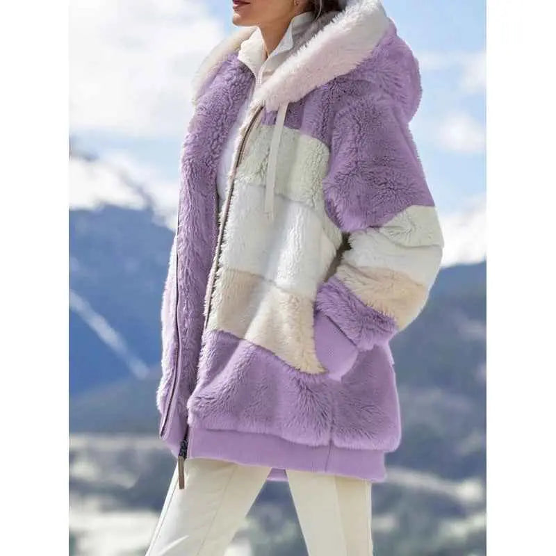 Womens Warm Hooded Loose-fitting Coat With Zippered Pockets