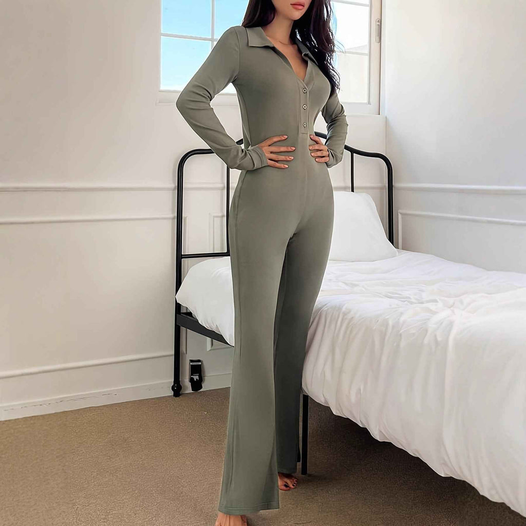 Polo-collar Knitted Long-sleeve Sport Jumpsuit