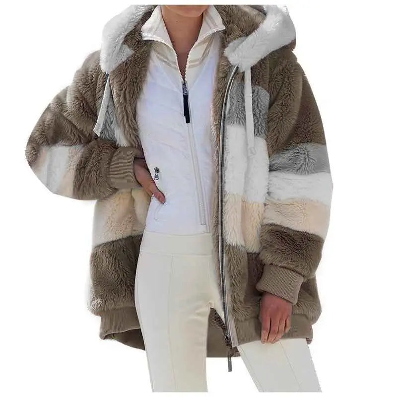 Womens Warm Hooded Loose-fitting Coat With Zippered Pockets