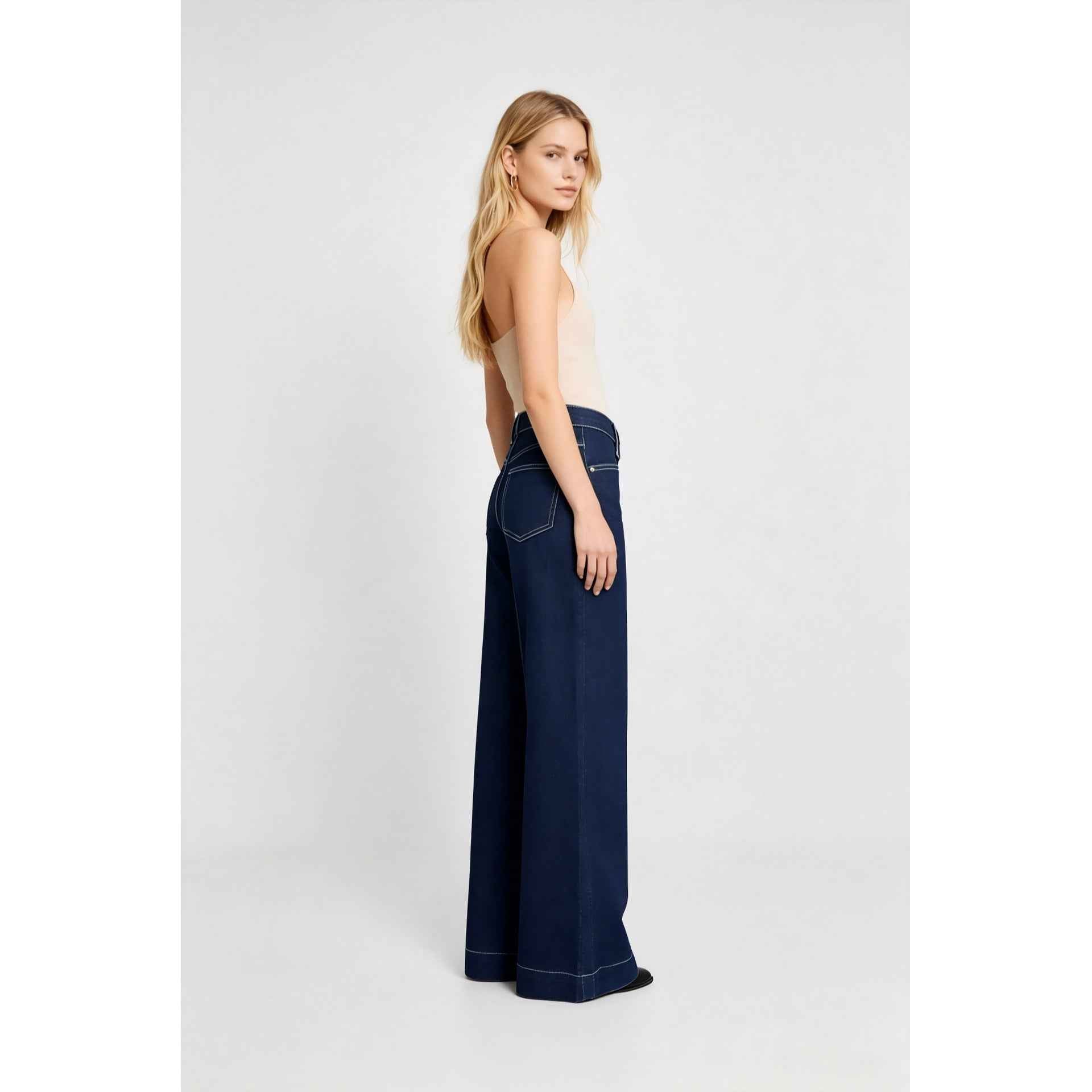 High-street Patchwork-striped Minimalist Chic Solid-color Relaxed-fit Wide-leg Straight-leg Pants