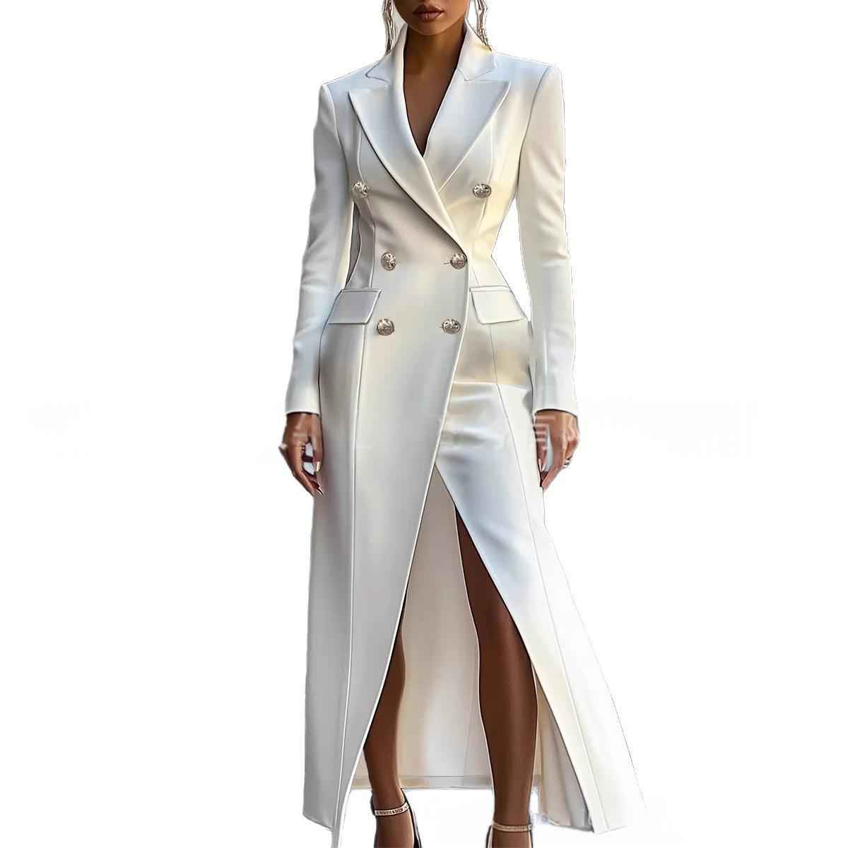 Elegant Commuter-style White Long Coat With A Nipped-in Waisttrendy Beltless And Exuding British Flair