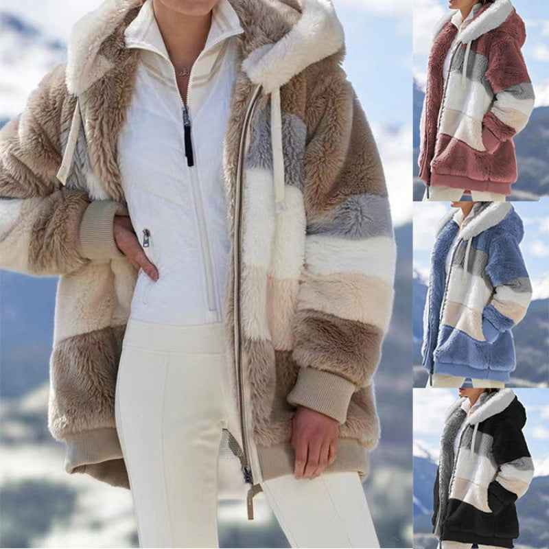 Womens Warm Hooded Loose-fitting Coat With Zippered Pockets