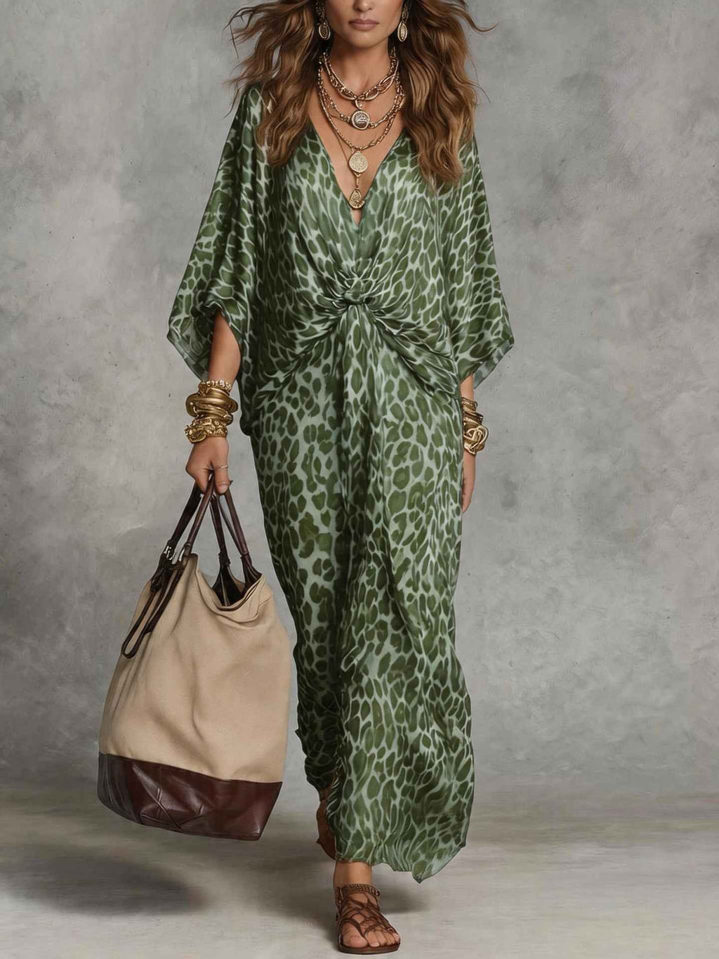 Hot-selling European And American Cross-border Independent Store Leopard Print V-neck Waist Cinch Plus-size Long Dress For Women