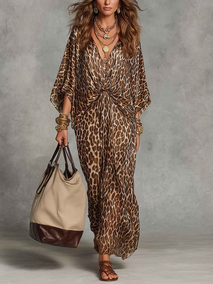 Hot-selling European And American Cross-border Independent Store Leopard Print V-neck Waist Cinch Plus-size Long Dress For Women