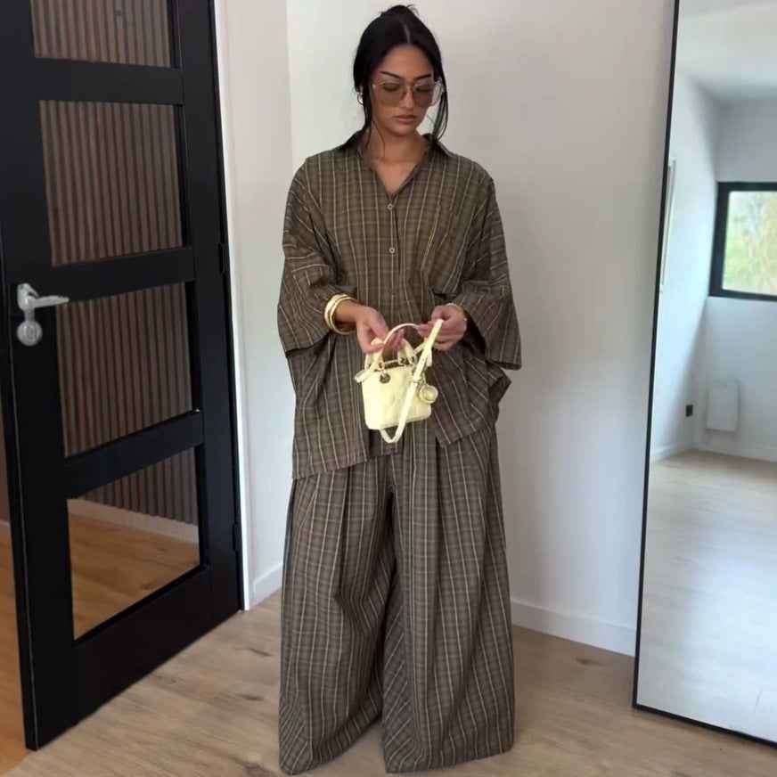 Loose-fitting Long-sleeved Plaid Shirt And Casual Wide-leg Trousers Two-piece Set