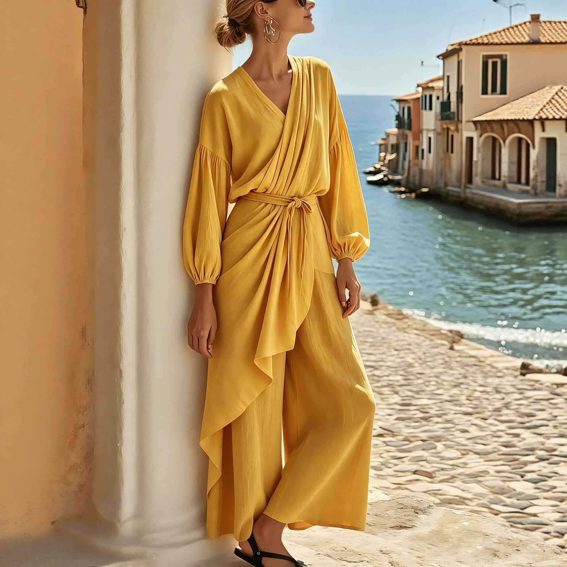 V-neck Pleated Lace-up Cross Waist Lantern Sleeve Jumpsuit
