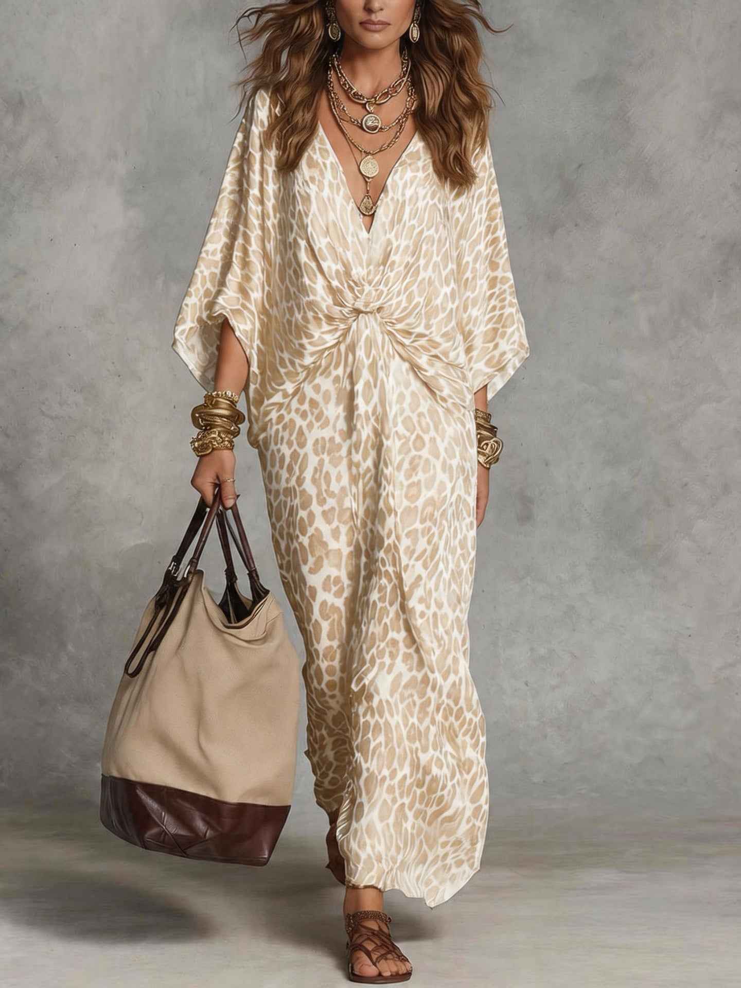 Hot-selling European And American Cross-border Independent Store Leopard Print V-neck Waist Cinch Plus-size Long Dress For Women