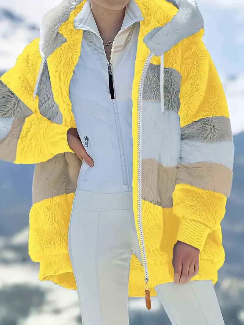 Womens Warm Hooded Loose-fitting Coat With Zippered Pockets