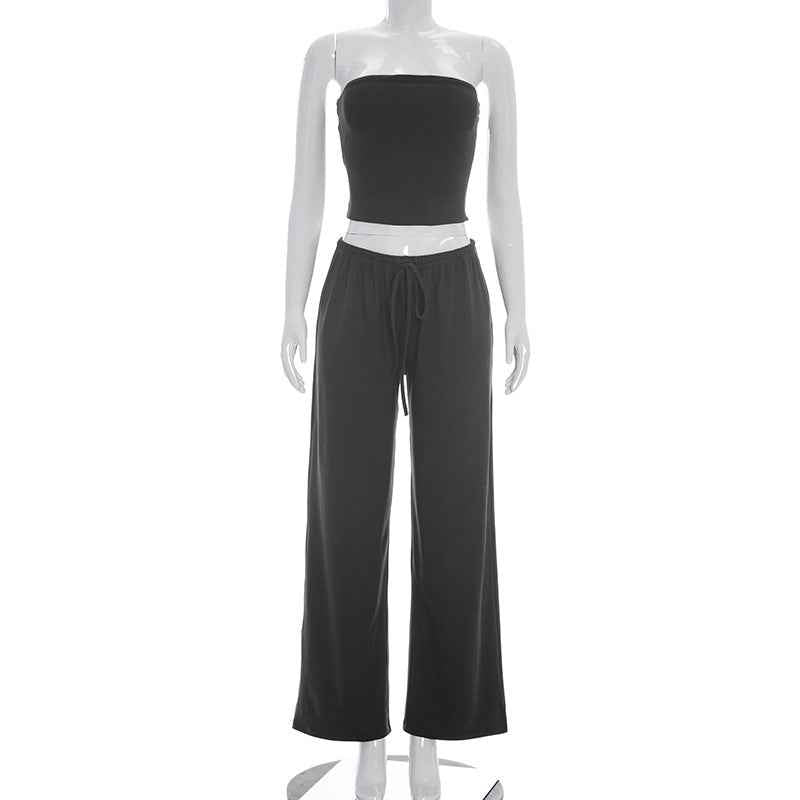 Solid-color Tube Top And Drawstring Straight-leg Pants Two-piece Set