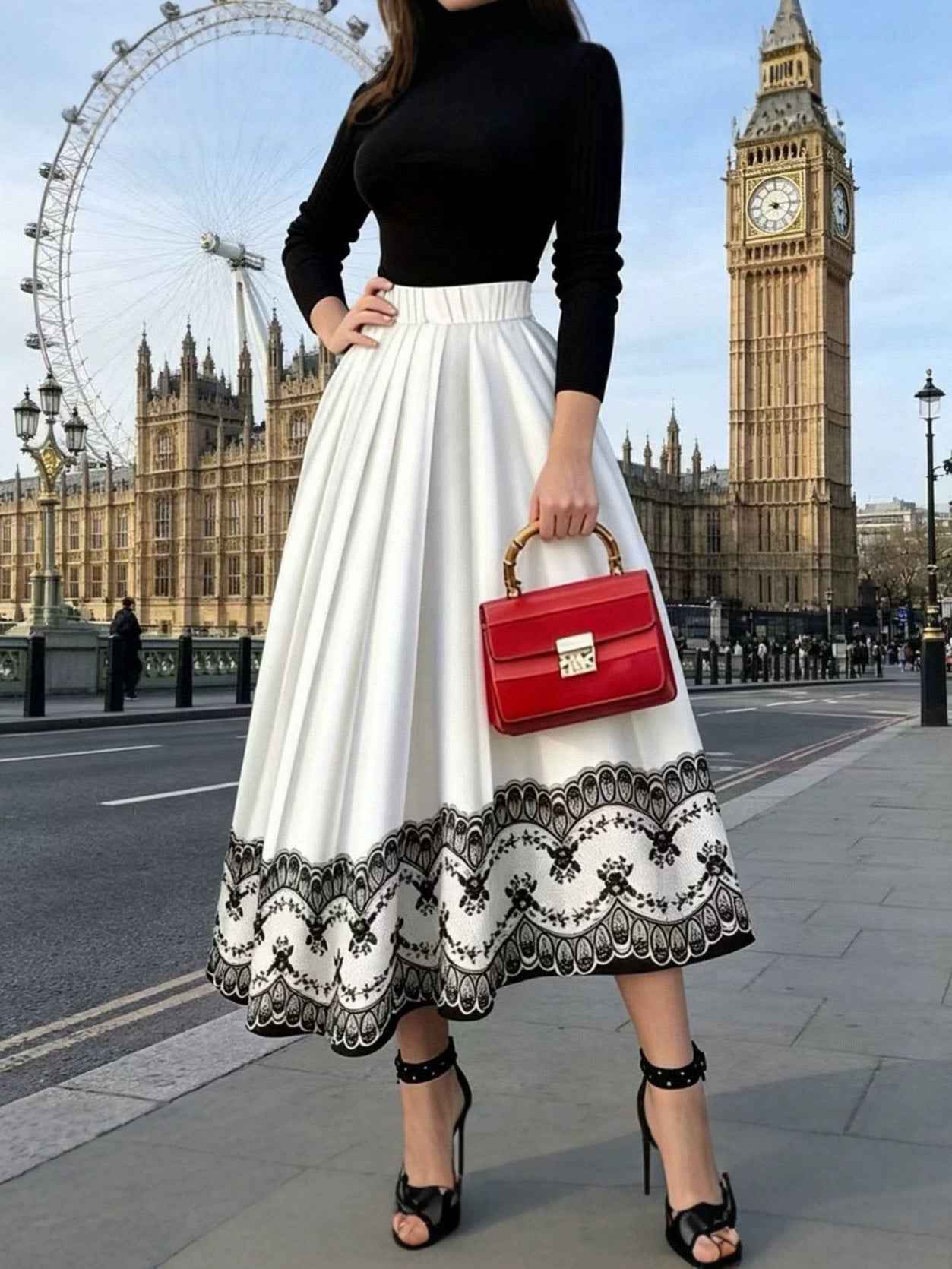 Hepburn-style High-waisted Full-skirted Midi Skirt