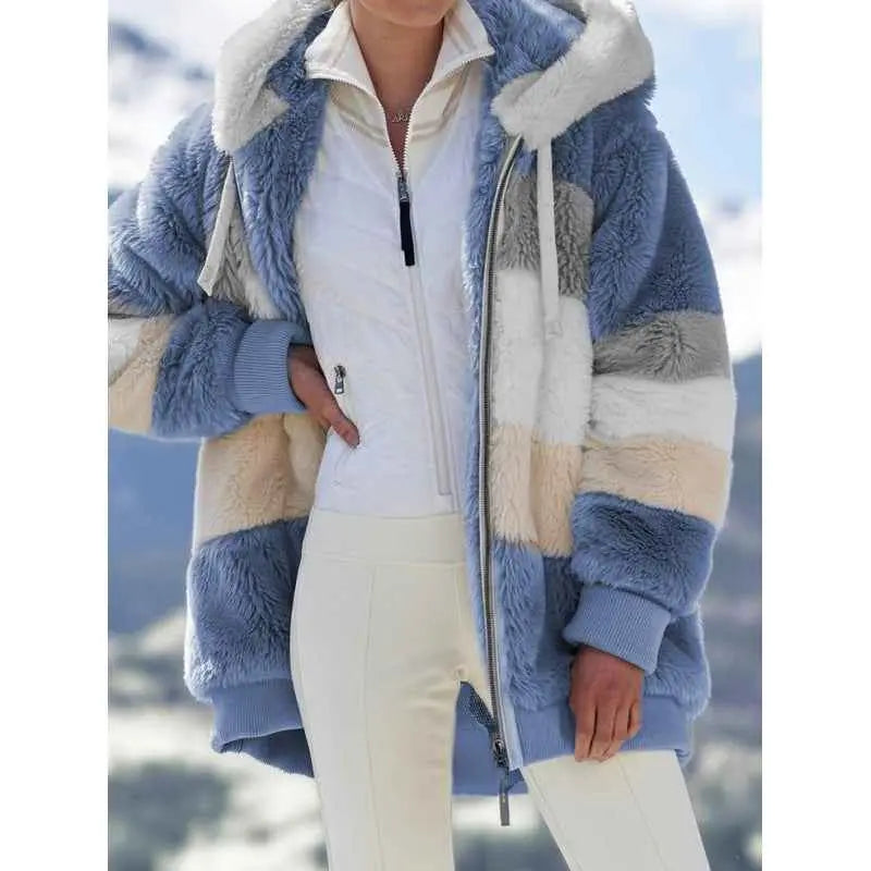 Womens Warm Hooded Loose-fitting Coat With Zippered Pockets