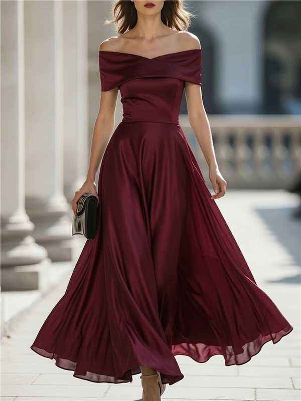 Womens Off-shoulder Waist-cinched Elegant Evening Gown For Parties And Banquets