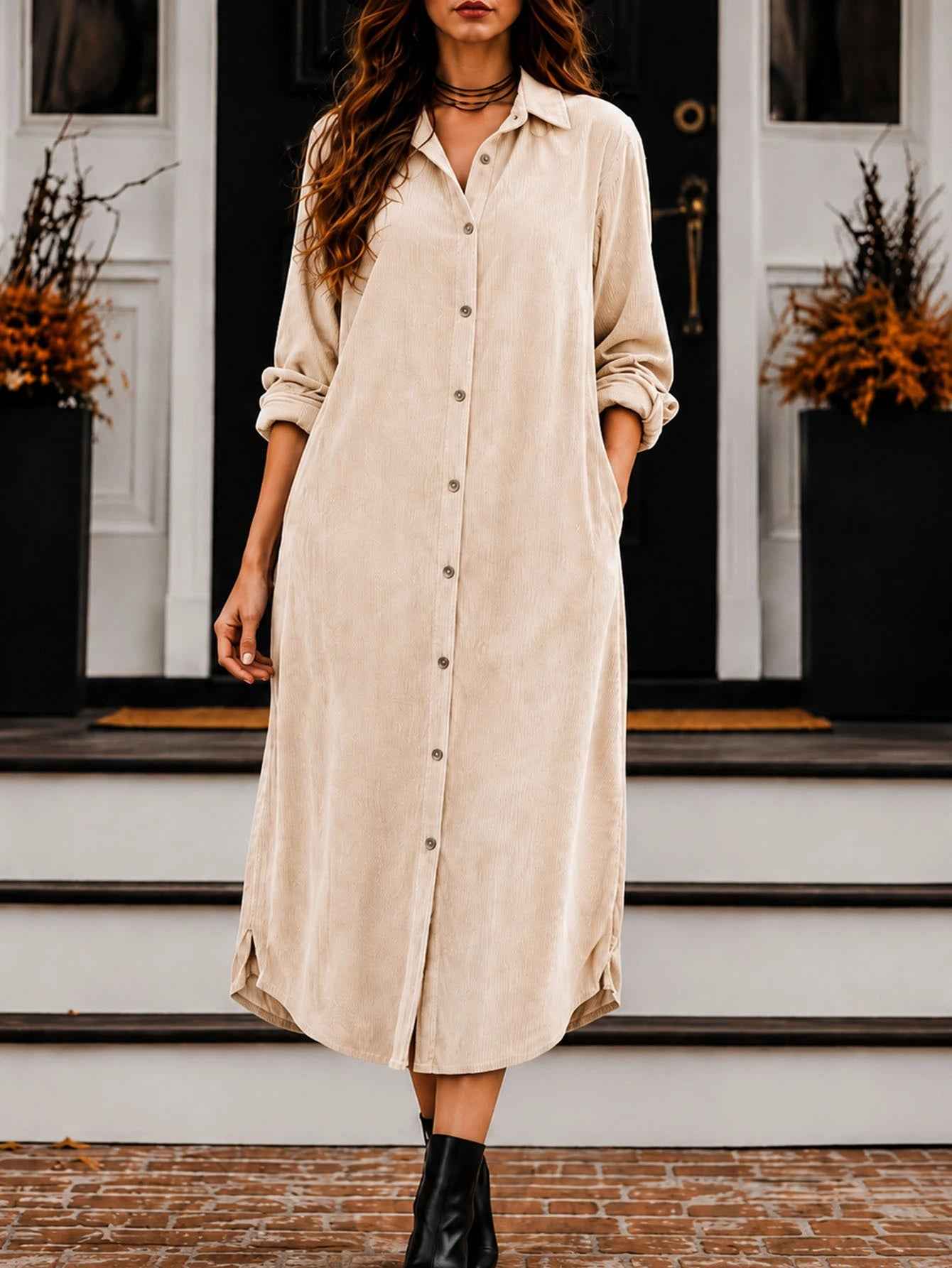 Women's Long Corduroy Shirt Dress