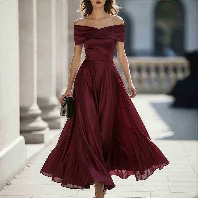 Womens Off-shoulder Waist-cinched Elegant Evening Gown For Parties And Banquets