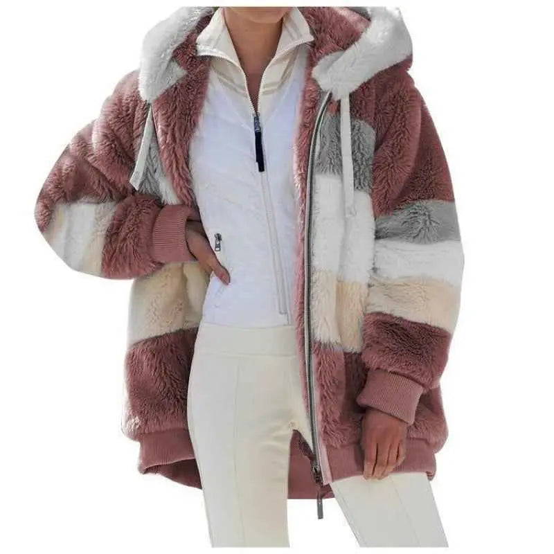 Womens Warm Hooded Loose-fitting Coat With Zippered Pockets
